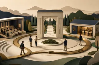 A paper-art business-school classroom and an established company connected by an arch and circular path, with students, operators and mentors moving between them.