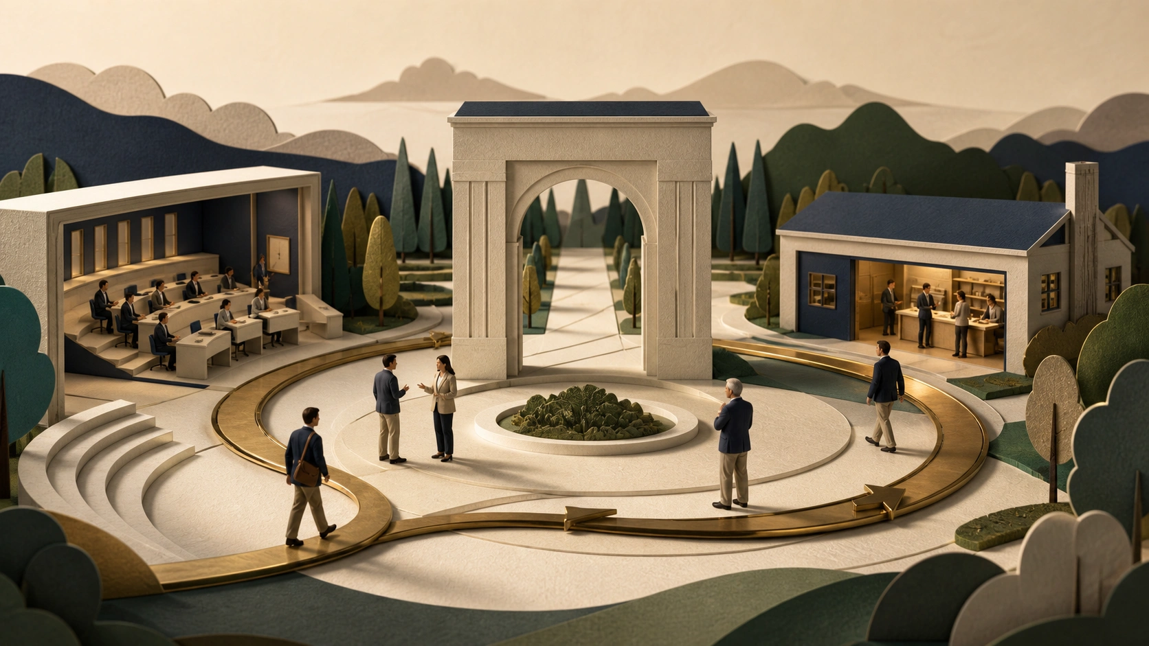 A paper-art business-school classroom and an established company connected by an arch and circular path, with students, operators and mentors moving between them.