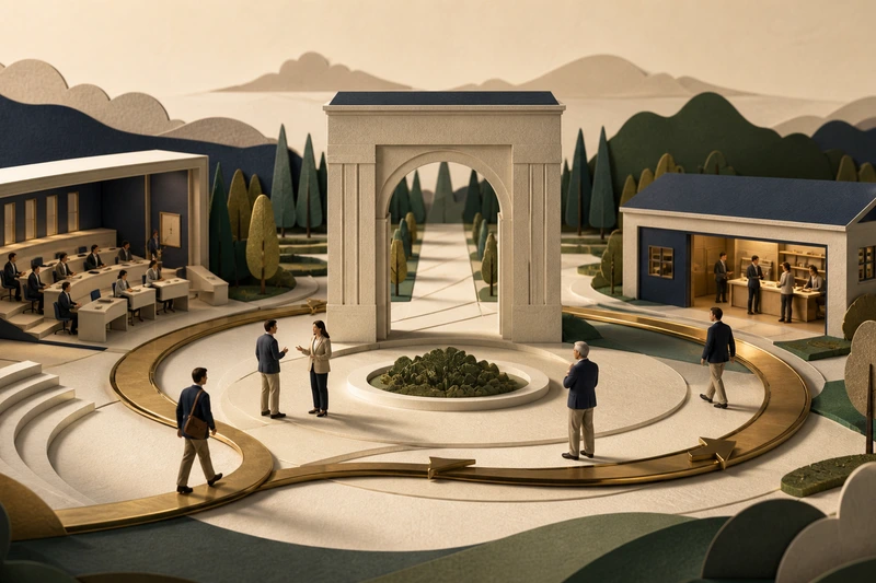 A paper-art business-school classroom and an established company connected by an arch and circular path, with students, operators and mentors moving between them.