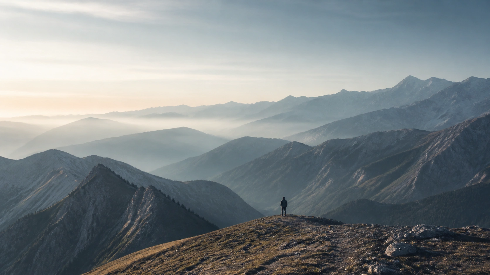 A traveller standing on a ridge and looking across a range of mountains.