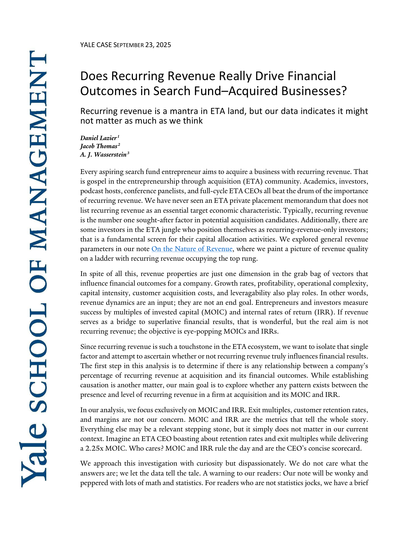 Yale School of Management 关于重复收入与搜索基金收购企业财务结果研究的 PDF 首页截图。