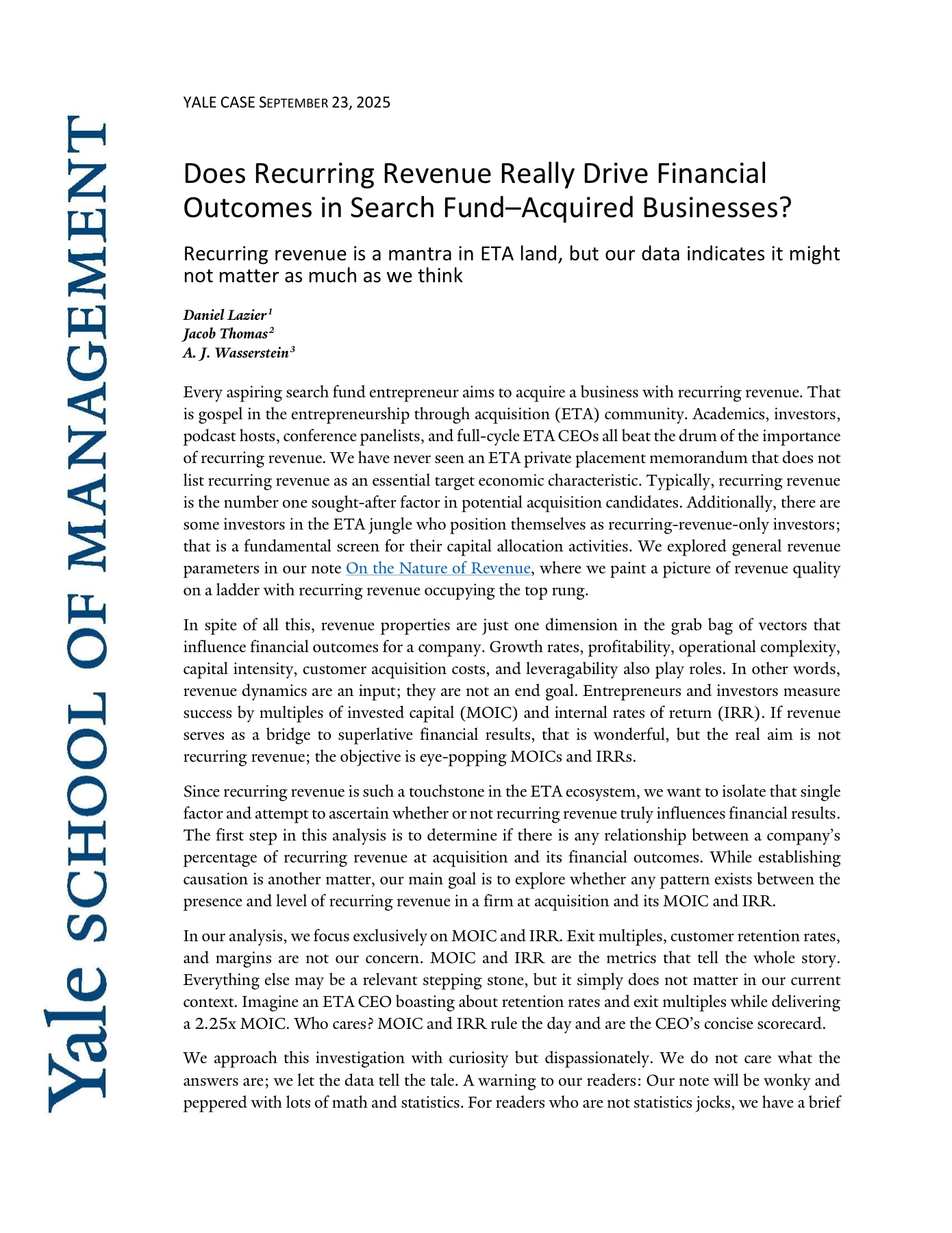 Yale School of Management 关于重复收入与搜索基金收购企业财务结果研究的 PDF 首页截图。