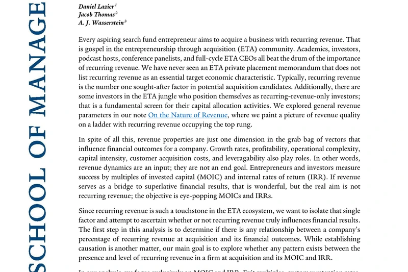 Yale School of Management 关于重复收入与搜索基金收购企业财务结果研究的 PDF 首页截图。