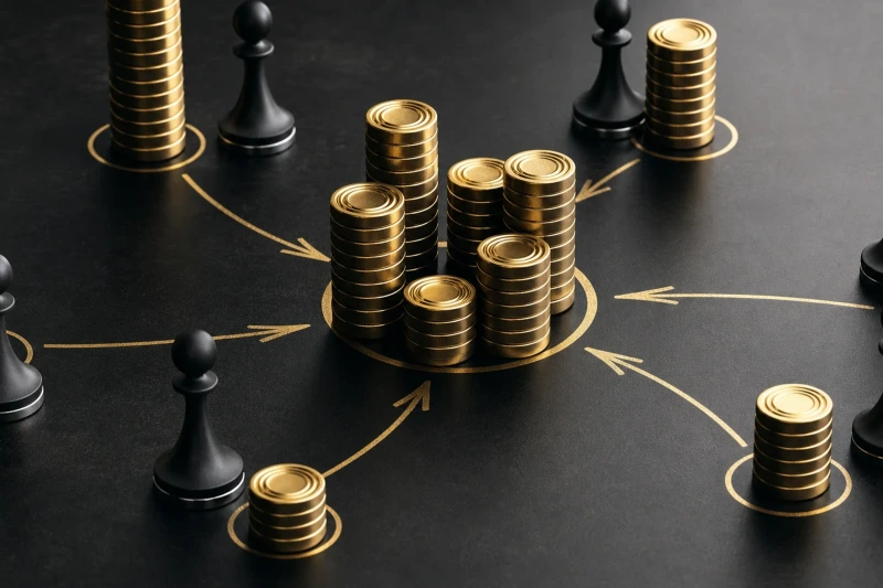 Coins and chess pieces arranged around a strategic path, representing search fund capital and operating decisions.