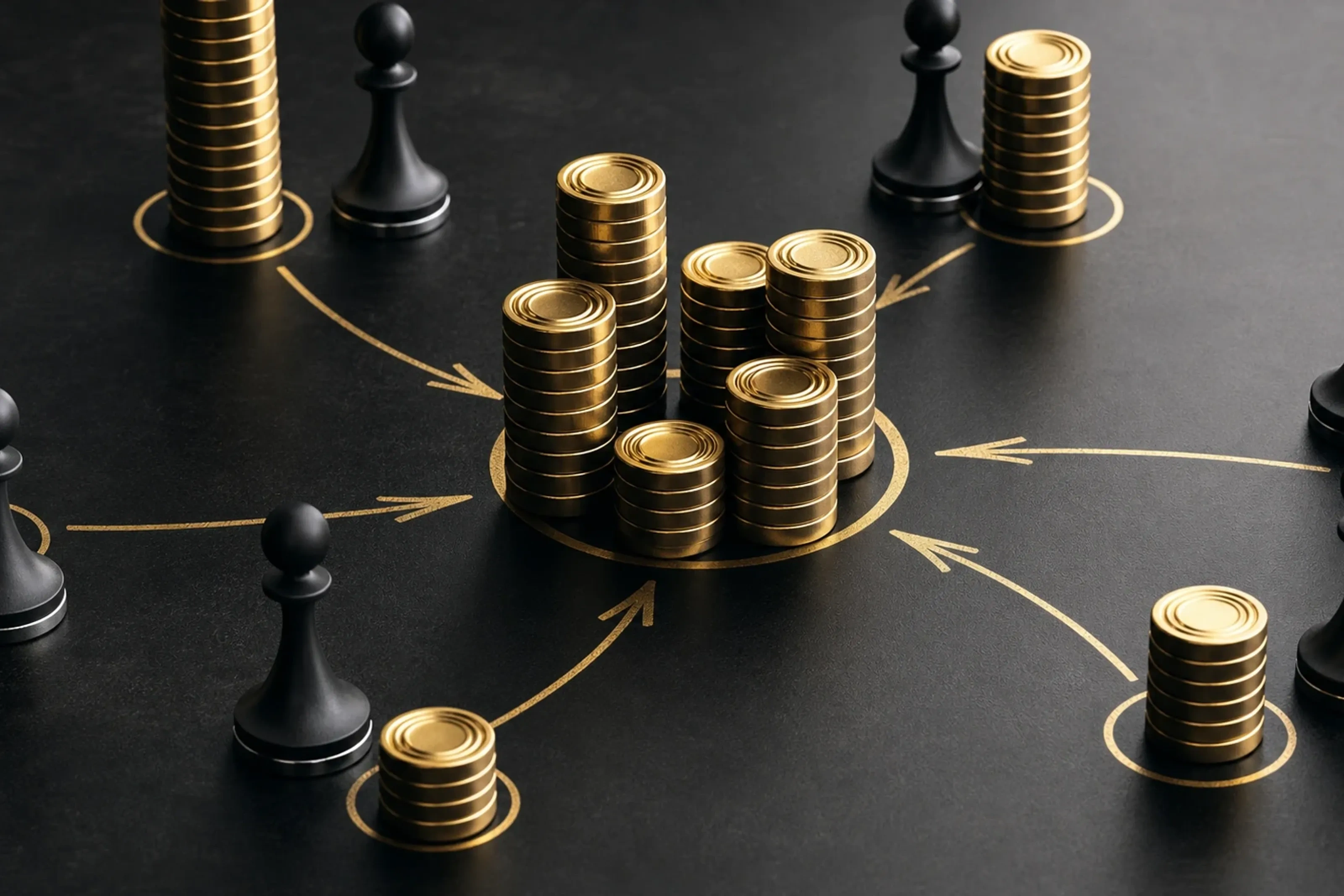 Coins and chess pieces arranged around a strategic path, representing search fund capital and operating decisions.