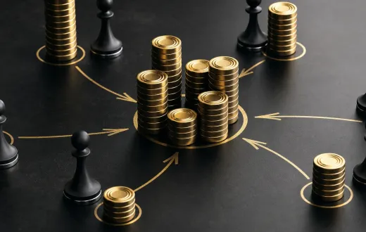 Coins and chess pieces arranged around a strategic path, representing search fund capital and operating decisions.