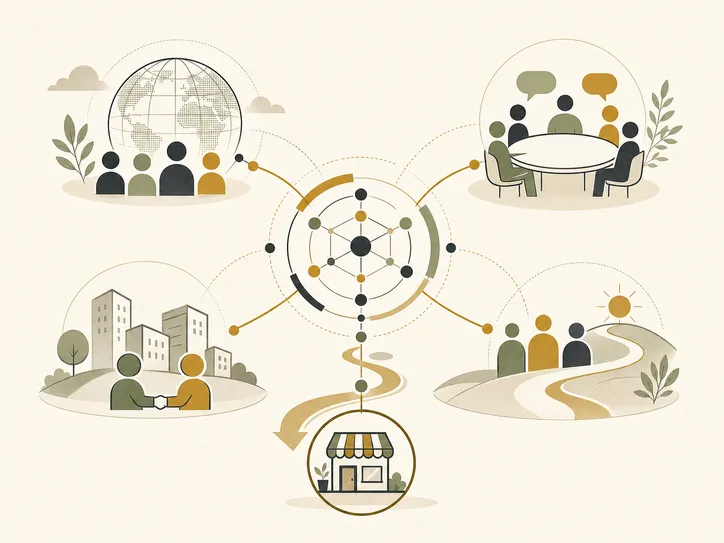 Illustration of Search Panda connecting investors, searchers, mentors, and local collaborators.